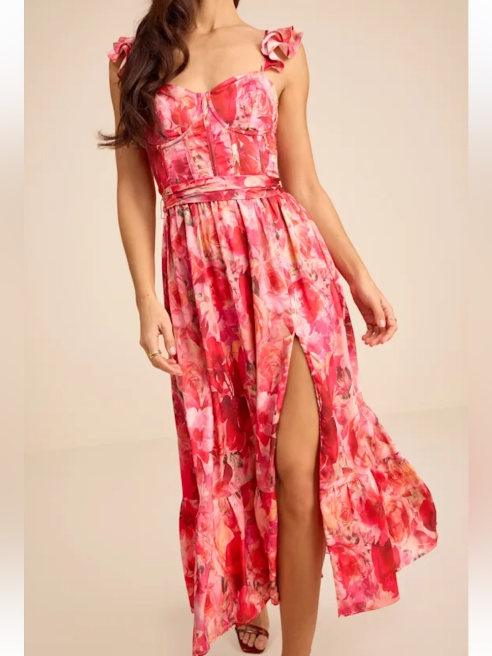 Lulus Sweet Like Sangria Pink Floral Ruffled Bustier Midi Dress - Size XL Flirty - Picture 6 of 8
